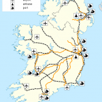 Ireland Transportation Map - Ireland's intercity railroads, important water ports, airports with regularly scheduled non-domestic flights, and motorways including some motorways nearing completion 